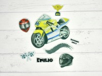 Aufnäher Set Motorrad gelb mit Name personalisiert für Schultüte