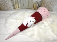 Schultüte aus Stoff in bordeaux und rosa mit Kirschen Einhorn personalisiert mit Name 70cm oder