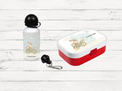 Brotdose mit Name Hase mit Fahrrad Trinkflasche personalisiert