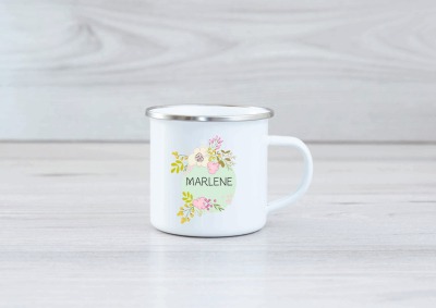 Emaille Tasse Blumen personalisiert mit Namen