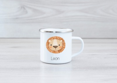 Emaille Tasse Löwe personalisiert mit Namen