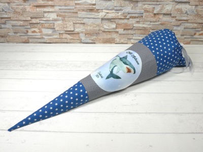Schultüte aus Stoff blau grau mit Name Hai Zuckertüte 70cm oder 85cm