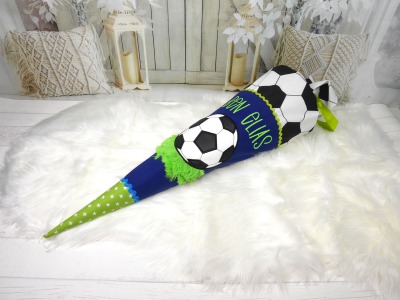 Schultüte aus Stoff Fußball mit Name Zuckertüte blau - 70cm oder 85cm