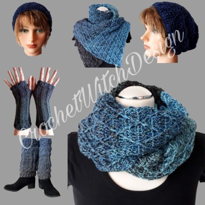 Häkelanleitung Winter-Kuschel-Set diamond - Beanie/Mütze &amp; Schal/Loop &amp; Armstulpen &amp; Beinstulpen