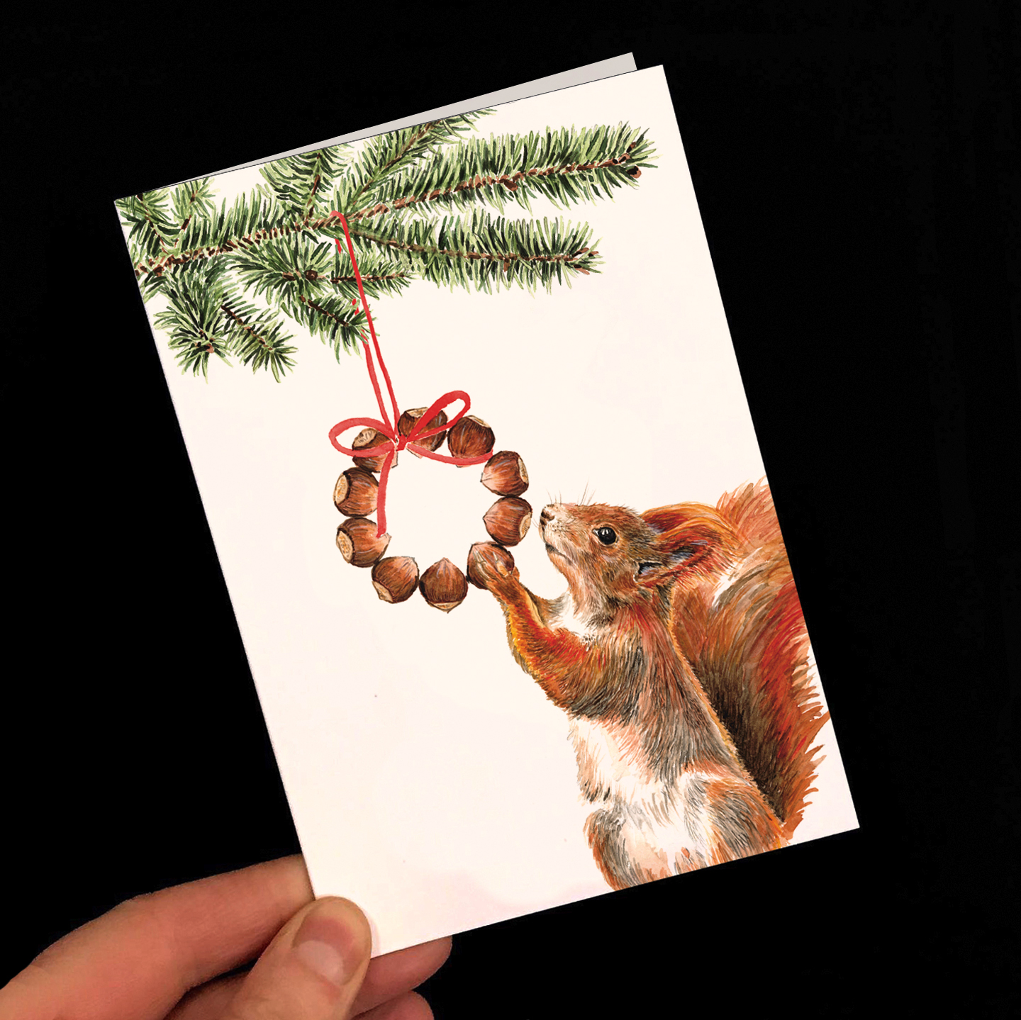 Weihnachtskarte Eichhörnchen mit Nusskranz 3
