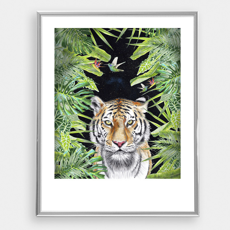 Tiger nachts im Dschungel, Fine Art Print, Giclée Print, Poster, Kunstdruck, Zeichnung 2