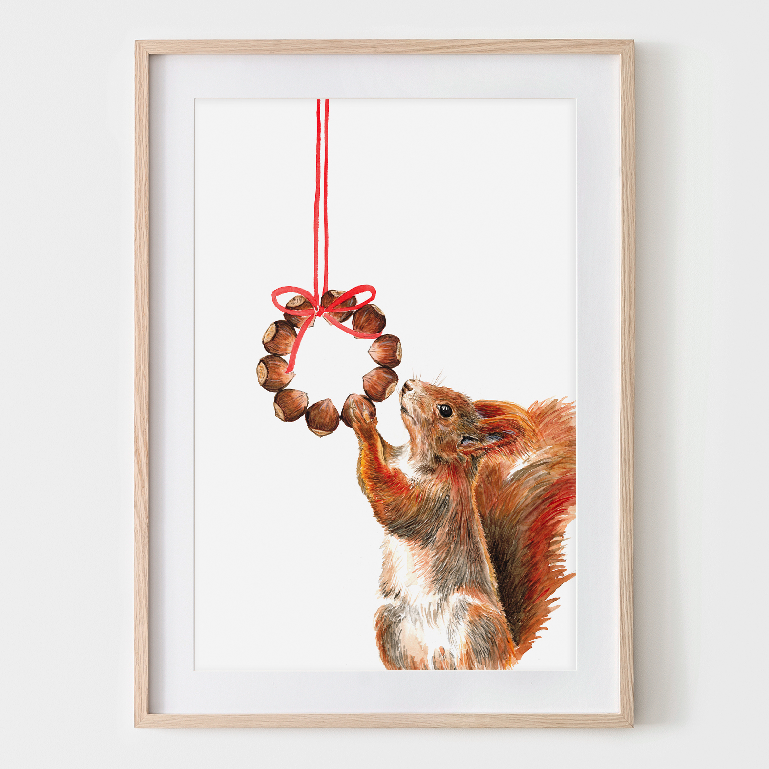 Eichhörnchen mit Nusskranz, Fine Art Print, Giclée Print, Poster, Kunstdruck, Tier Zeichnung