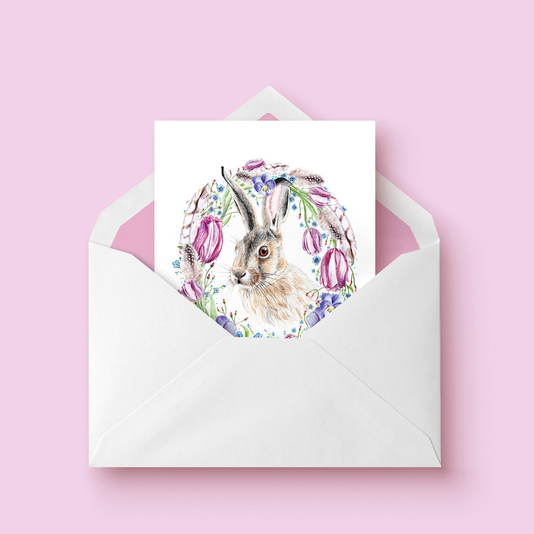 Osterkarte Hase mit Blütenkranz, Grußkarte zu Ostern 4