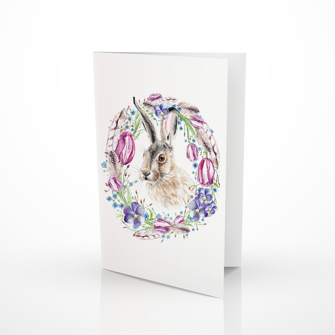 Osterkarte Hase mit Blütenkranz, Grußkarte zu Ostern 2