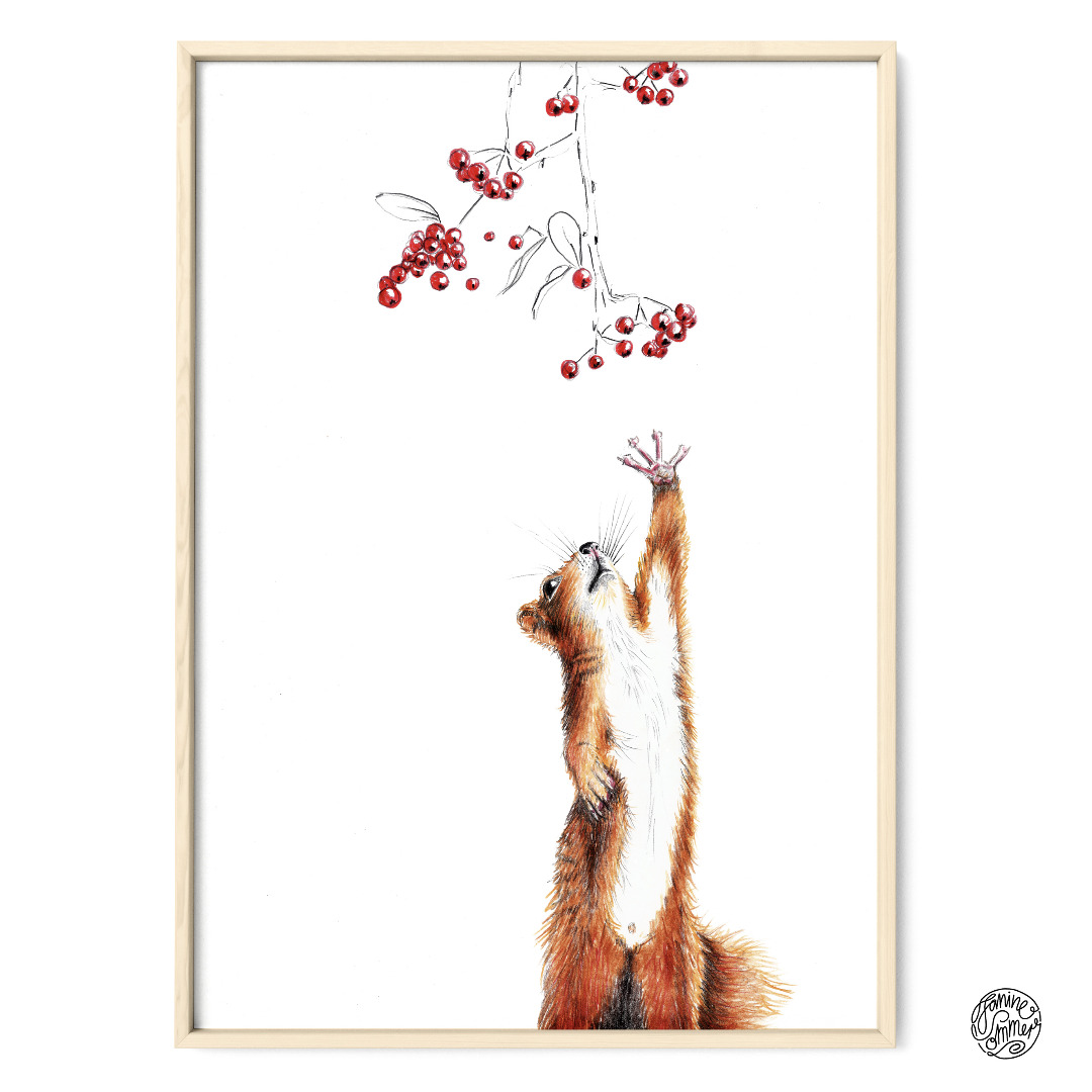 Eichhörnchen mit Beeren Fine Art Print Giclée Print Poster Kunstdruck Zeichnung