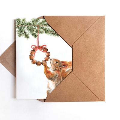 Weihnachtskarte Eichhörnchen mit Nusskranz - inkl. Umschlag