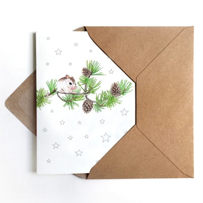 Weihnachtskarte Maus auf Kiefernzweig, Grußkarte - inkl. Umschlag