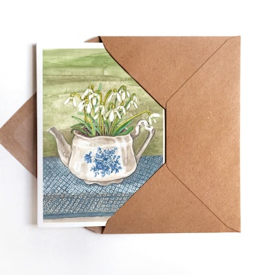 Grußkarte Schneeglöckchen in der Teekanne, Geburtstagskarte, Osterkarte - inkl. Umschlag