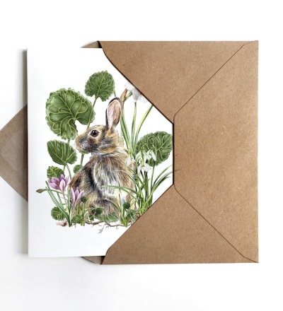 Grußkarte Hase mit Frühjahrsblühern Grußkarte zu Ostern - inkl Umschlag
