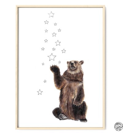 Bär mit Sternen Kunstdruck Poster Zeichnung - Buntstiftzeichnung Reproduktion