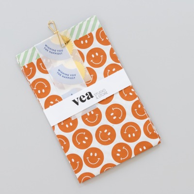 Geschenkverpackungsset - Smiley Orange - Wunderschöne Flachbeutel mit passenden Aufklebern &amp;