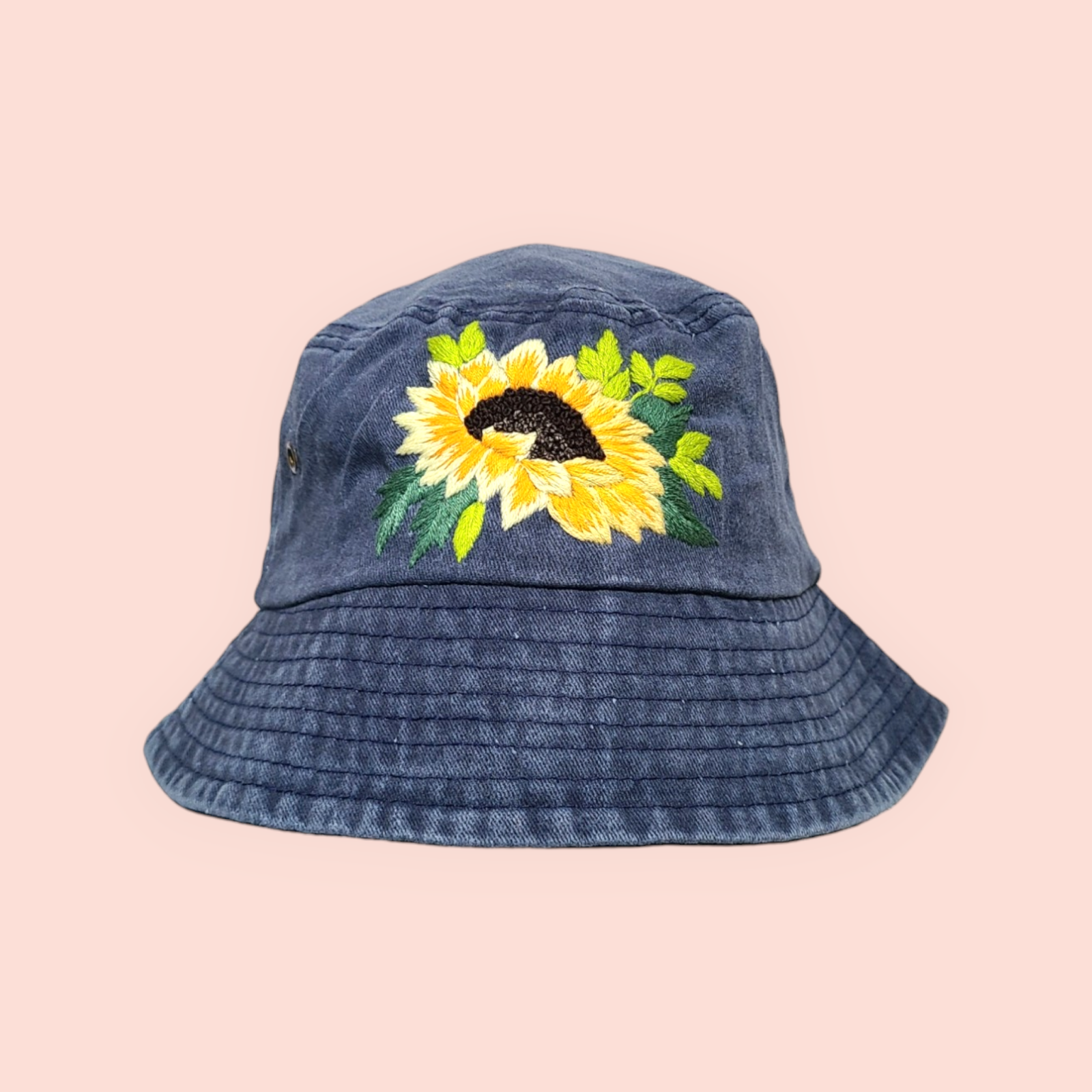 Bucket hat with hand-embroidered sunflower