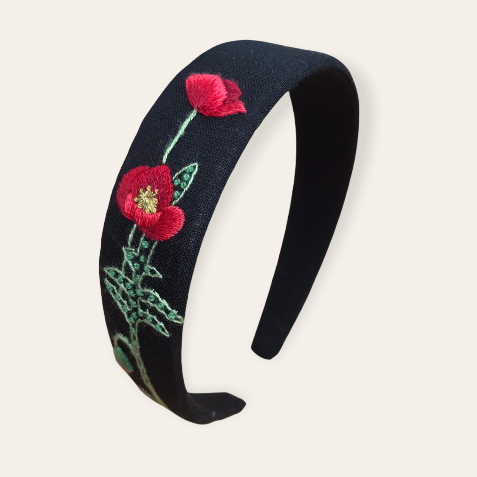 Floraler Haarreif mit bestickte Mohnblume/ rote Rosen 2