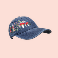 Baseball cap with hand-embroidered wildflower