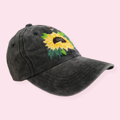 Baseball cap with hand-embroidered sunflower