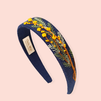 Floral headband with embroirered mimosa flowers