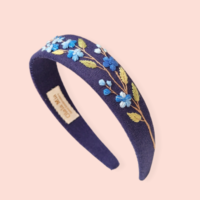 Floral headband with embroirered forget-me-not flowers