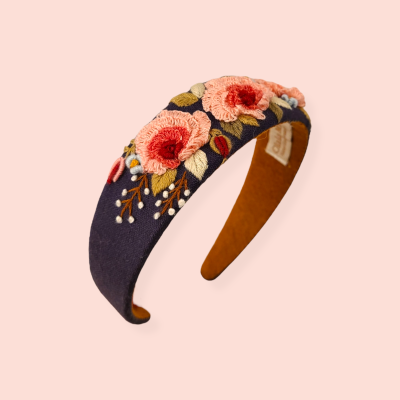 Floral headband with embroirered 3D flowers