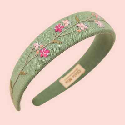 Floral headband with embroirered pink gaura flowers