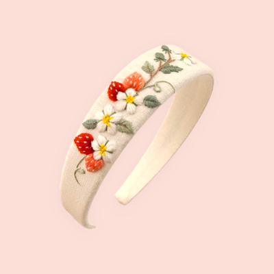 Floral headband with embroirered strawberry flowers