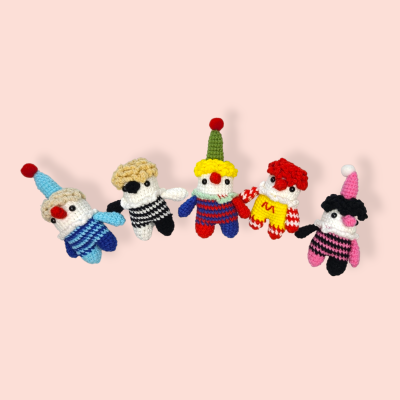 Crocheted colorful clowns