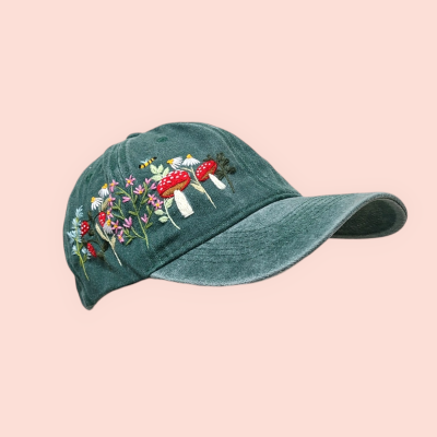 Baseball cap with hand-embroidered wildflower