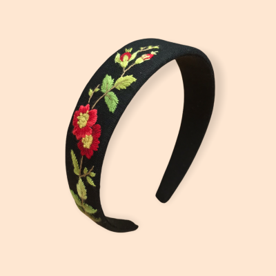 Floral headband with embroirered poppy flowers