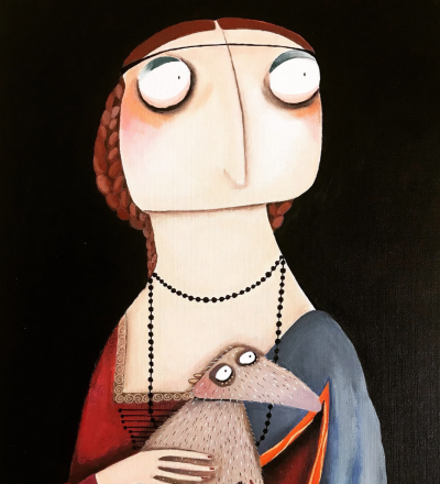 Die Dame Krägelow mit ihrem Hermelin Pjotre - Acryl auf Malplatte 40cm x 50cm