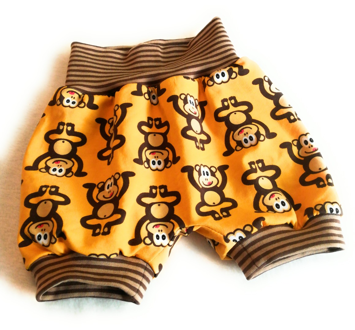 Baby Kind Kurze Pumphose Shorts Affen gelb Größe 56-116 Babyhose mitwachsende Sommerhose Babyshorts