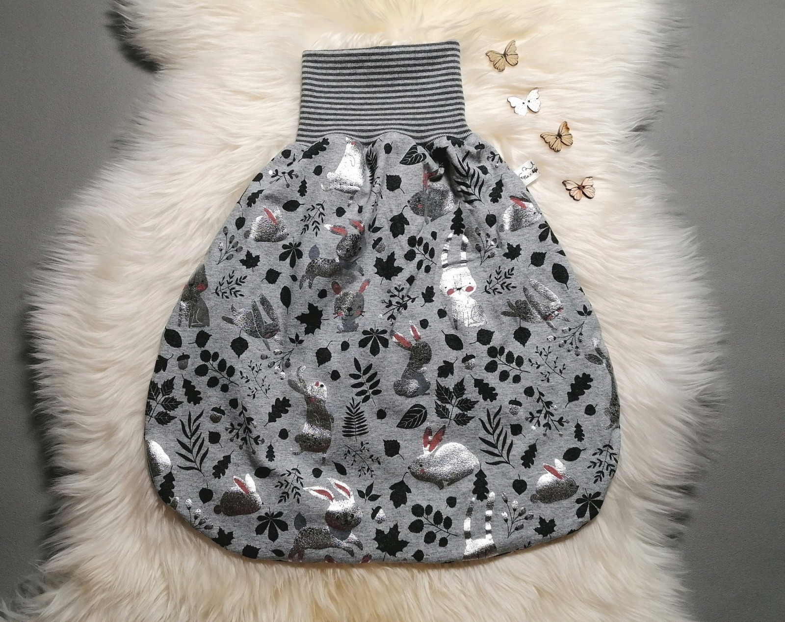 Babyschlafsack einlagig oder gefüttert Pucksack Strampelsack Hasen Mäuse silber grau Größe 50/56 bis 86/92 Baby-Sommerschlafsack