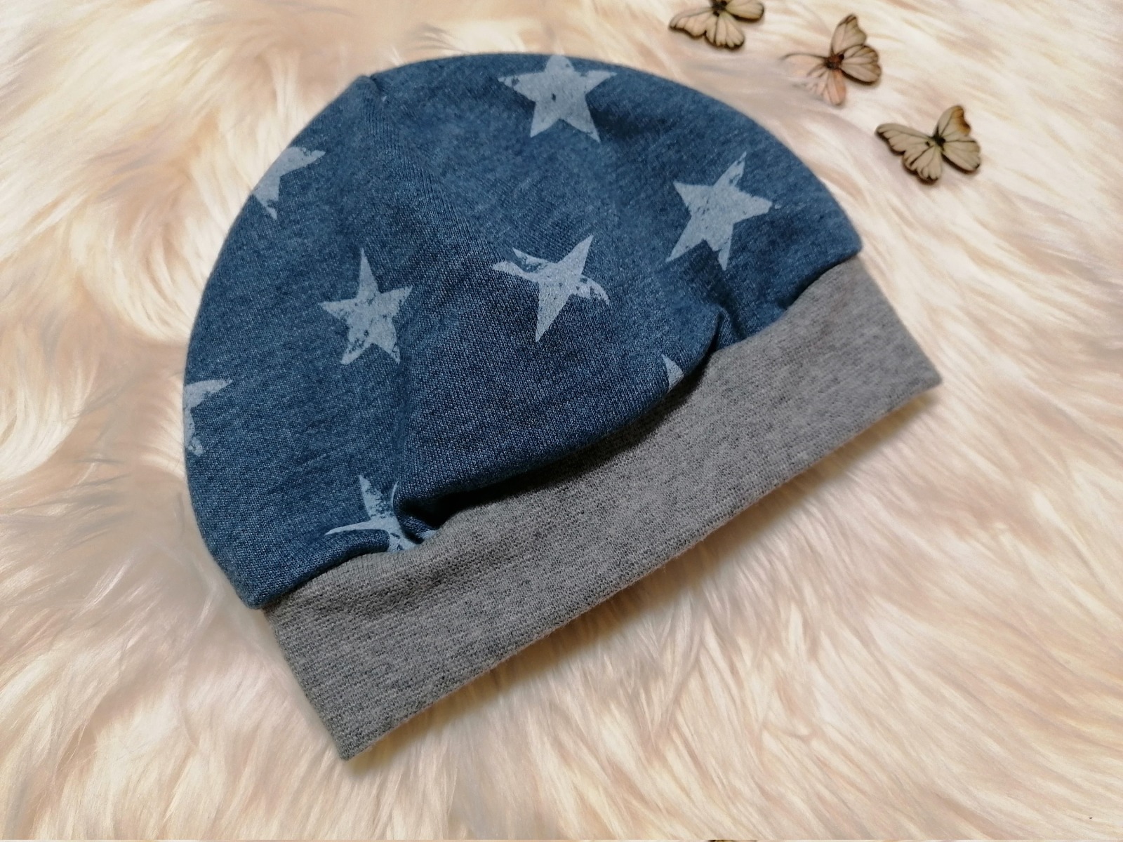 Mütze kopfnah mit Bündchen Vintage-Sterne blau in Wunschgröße Kopfumfang 37 - 54cm 2
