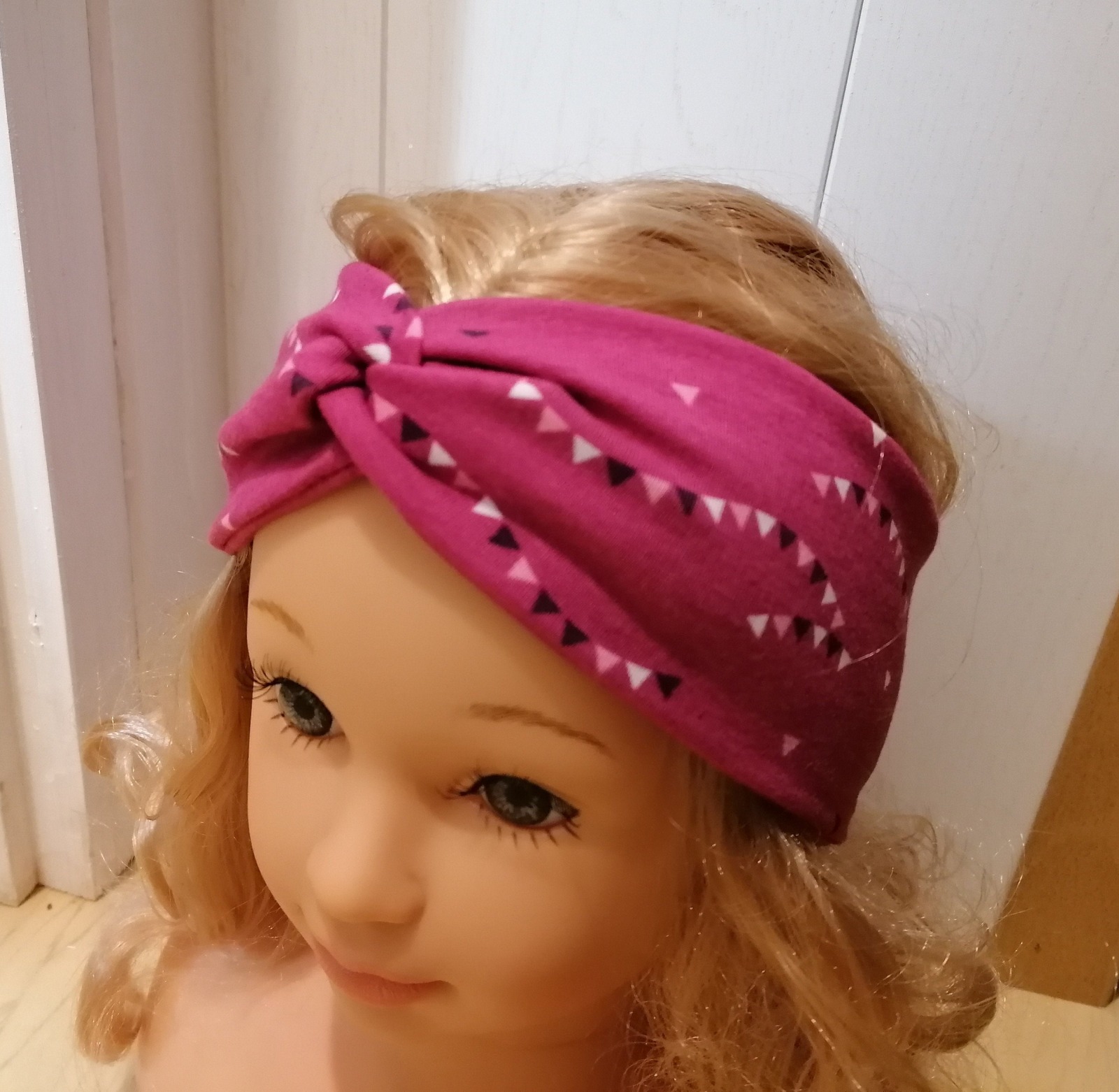 Baby Kind Stirnband Haarband aus Jersey Schmetterlinge rosa auf blauem Jersey in Jeansoptik Damenstirnband Kinderstirnband Babystirnband 3