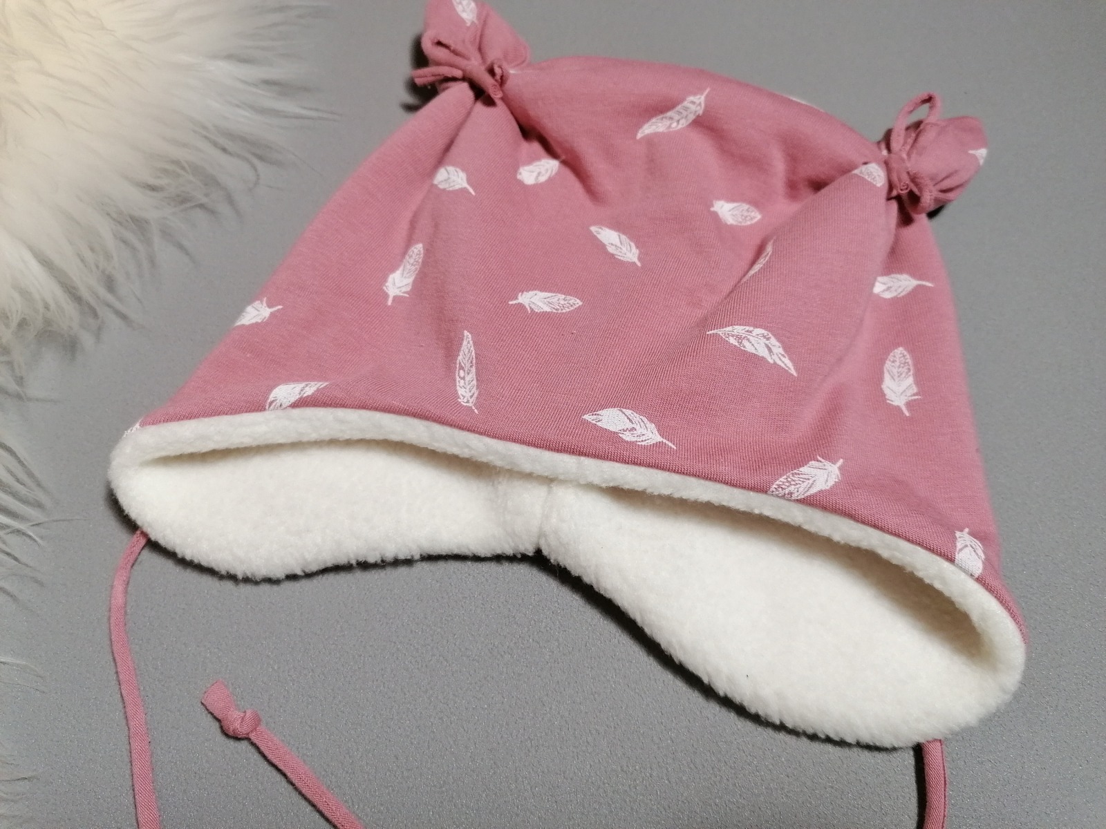 Baby Kind Ohrenmütze Mütze mit Öhrchen mit oder ohne Bindebänder Federn altrosa Kopfumfang 36 - 52cm mit Jersey- Fleece- oder Plüschfutter 3