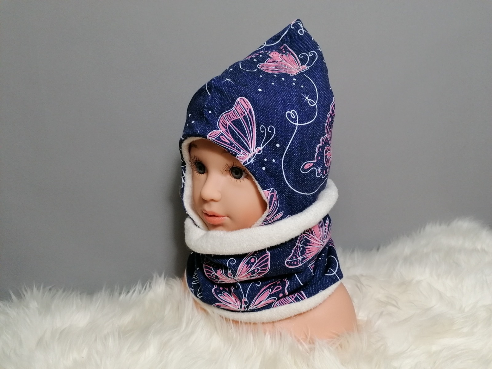 Ohrenmütze Zipfelmütze für Babys und Kinder mit Jersey Plüsch oder Fleece gefüttert Schmetterlinge Jeansoptik blau rosa Kopfumfang 35-55cm 4