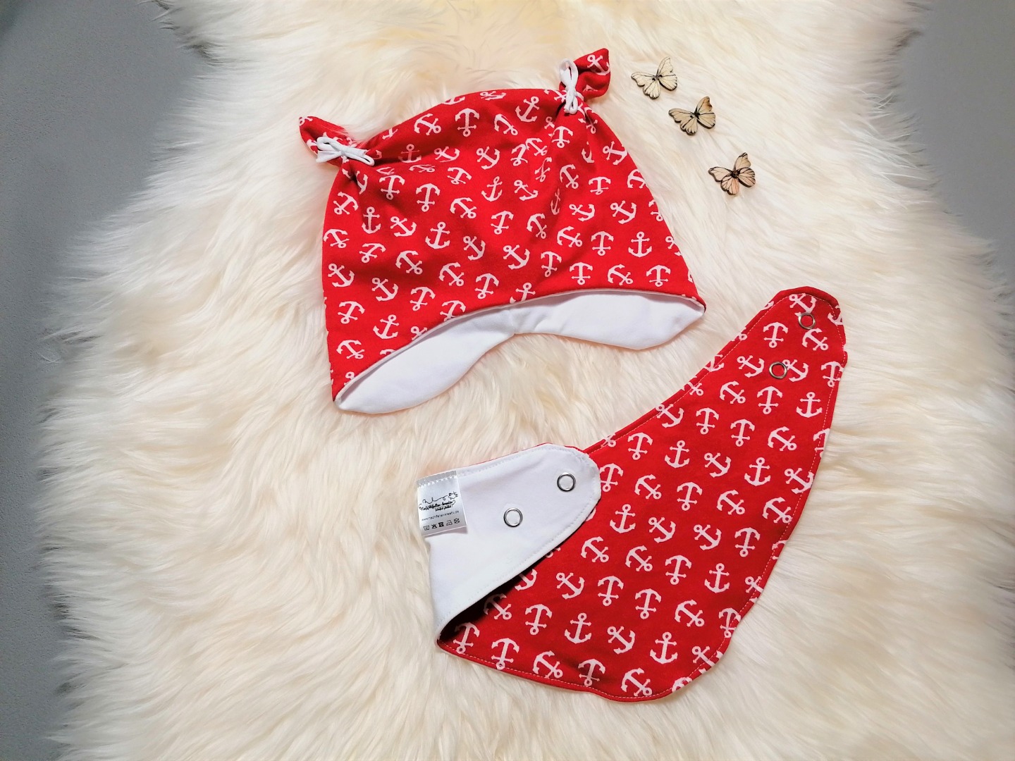Babyset 2-teilig Halstuch und Ohrenmütze mit und ohne Bindebänder Anker rot weiß Kopfumfang 35 - 52cm