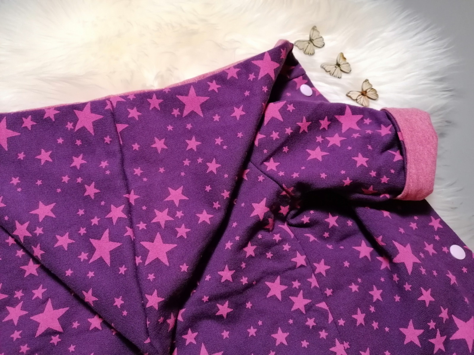 Wendejacke für Babys und Kinder Größe 62 mit Zipfelkapuze Sterne lila pink 4