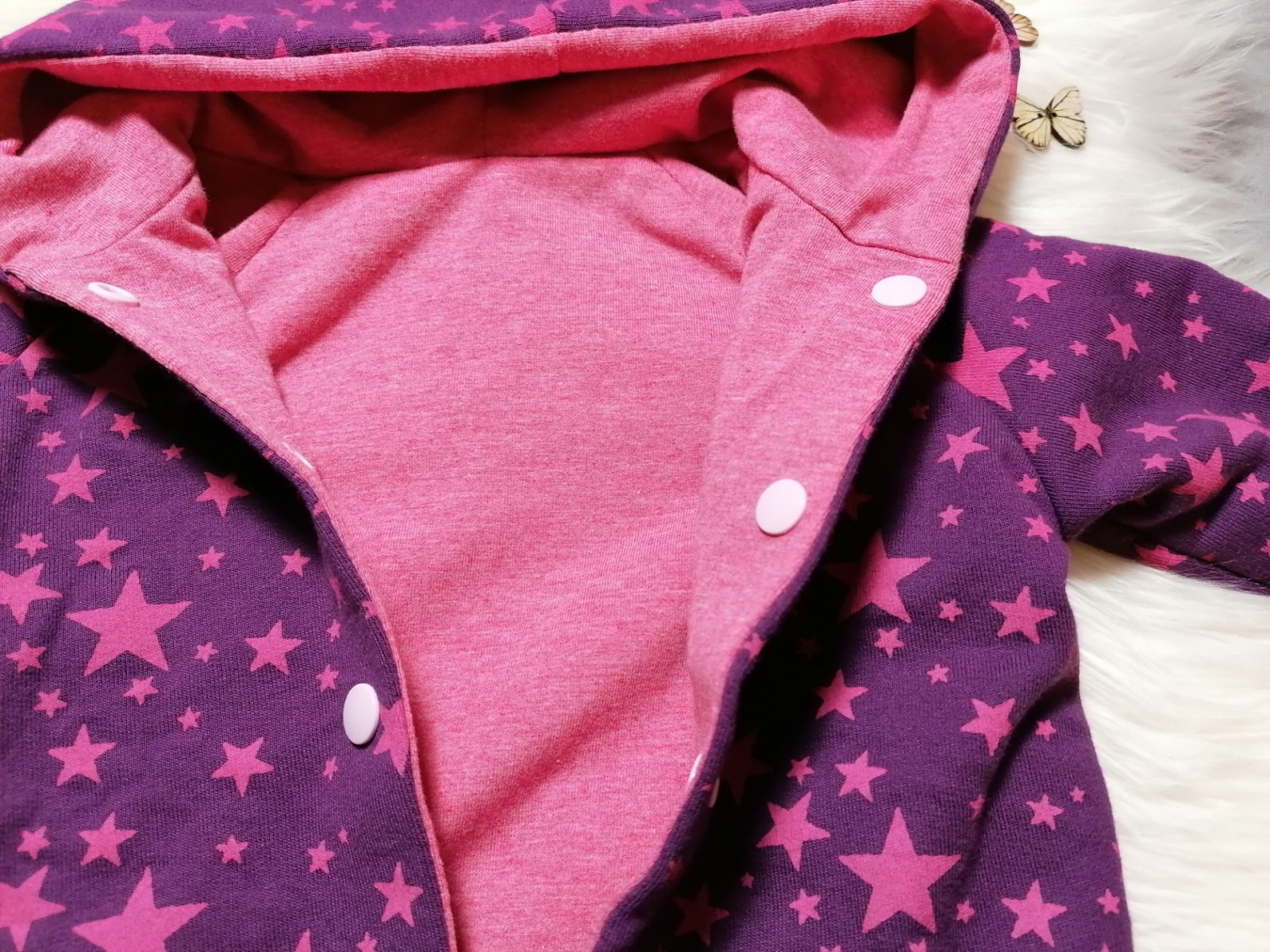 Wendejacke für Babys und Kinder Größe 62 mit Zipfelkapuze Sterne lila pink 5