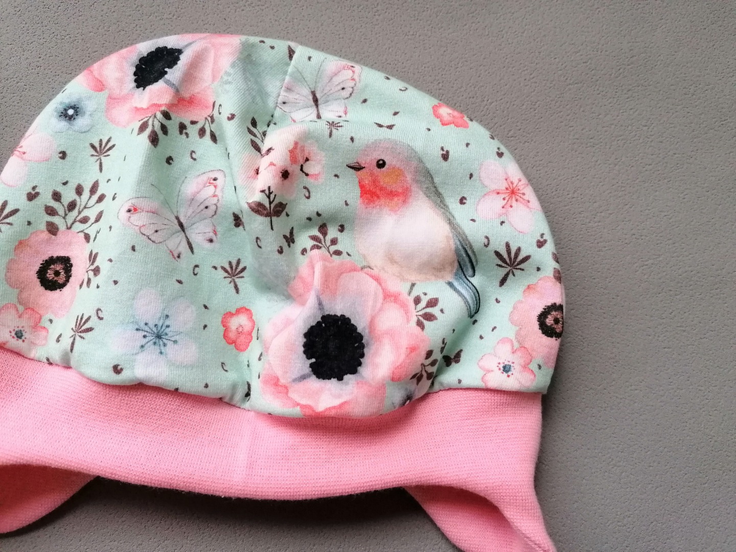 Baby Kind Mütze kopfnah geschnitten mit und ohne Bindebänder Rotkehlchen mint rosa Kopfumfang 37 - 54cm Bindemütze mit Bündchen 2