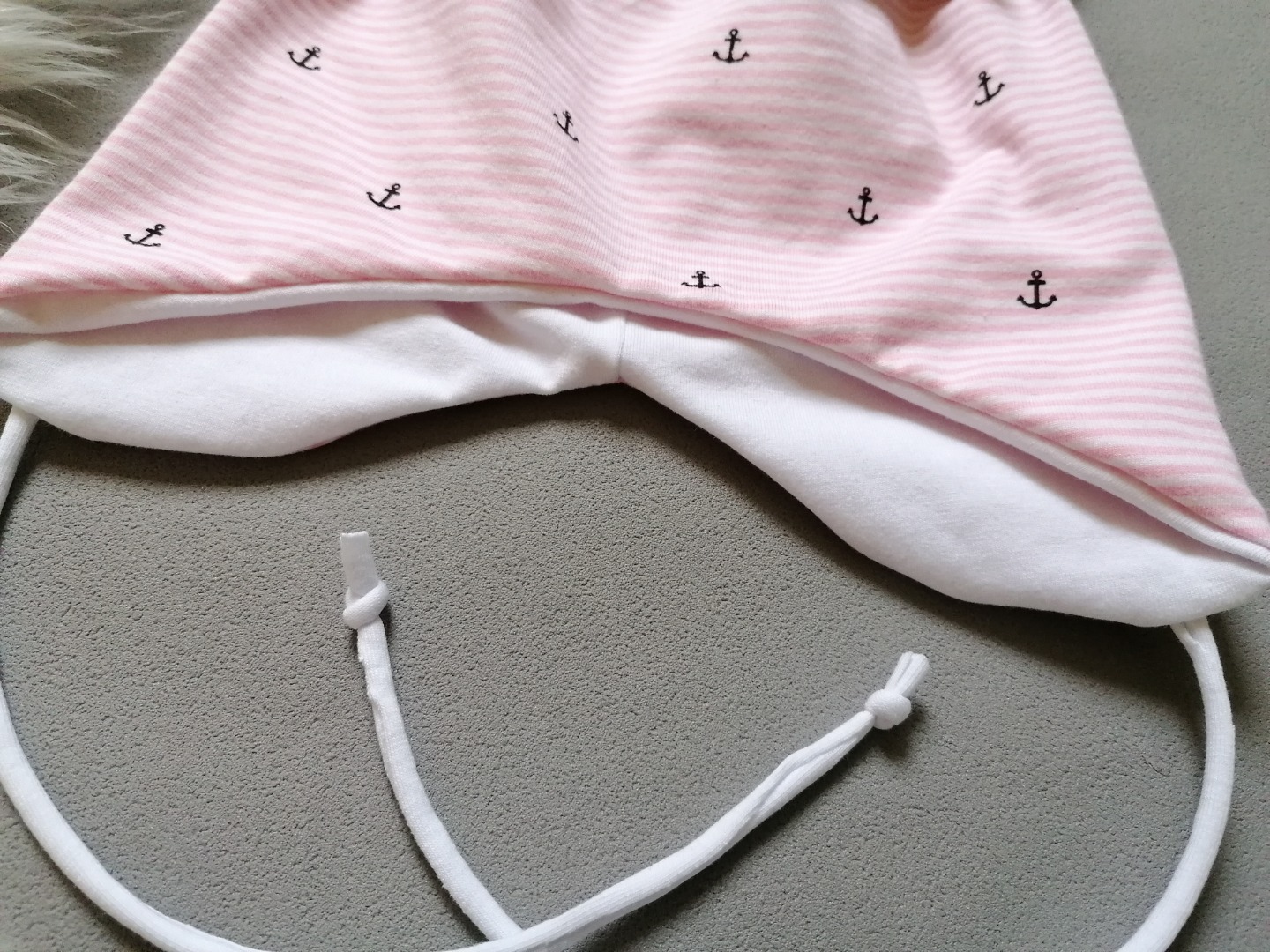 Baby Kind Ohrenmütze mit und ohne Bindebänder kleine Anker Streifen rosa weiß Kopfumfang 35 - 52cm Babymütze Bindemütze Mütze mit Ohren 4