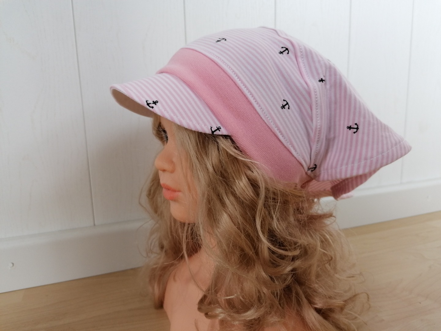 Baby Kind Kopftuch mit oder ohne Schirm für Mädchen kleine Anker und Streifen rosa Sonnenschutz Sommermütze für Babys und Kinder 5