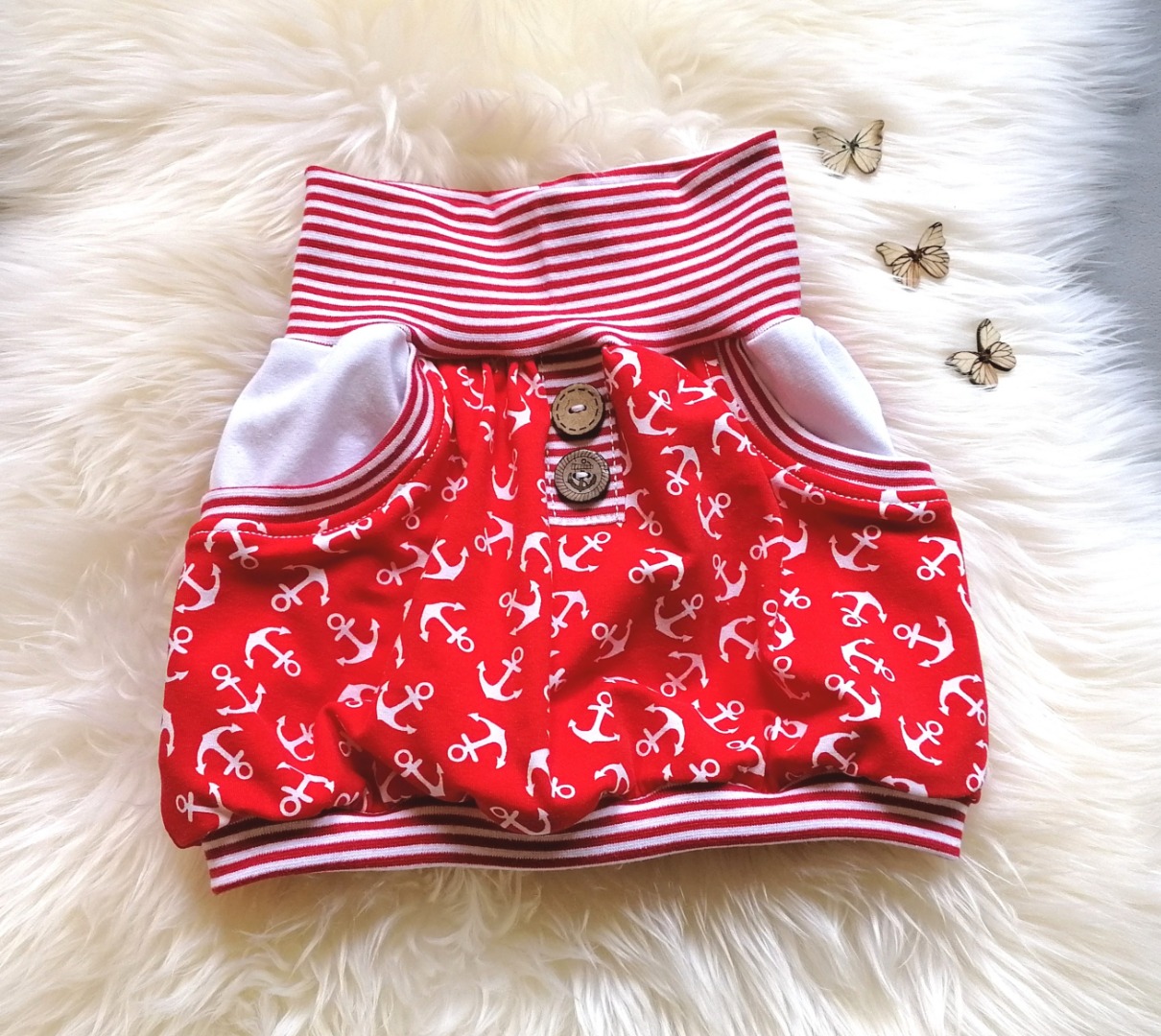 Baby Kind Pumprock Ballonrock mit Taschen Anker rot mit Zier-Knopfleiste in Wunschgröße 74 -140