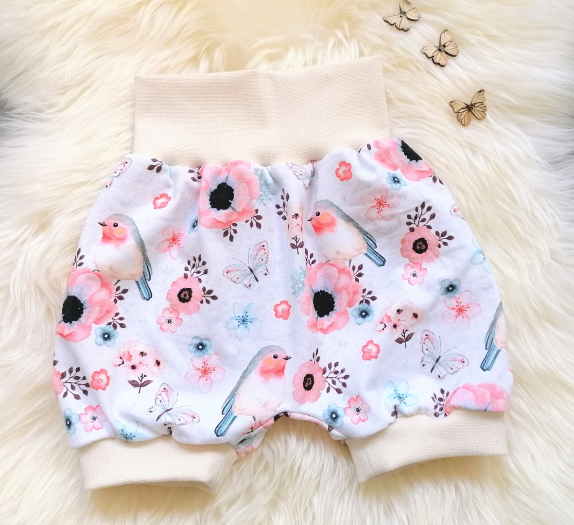 Baby Kind kurze Pumphose Rotkehlchen mint rosa oder weiß Größe 56-116 mitwachsende Babys-Sommerhose Babyshorts 6
