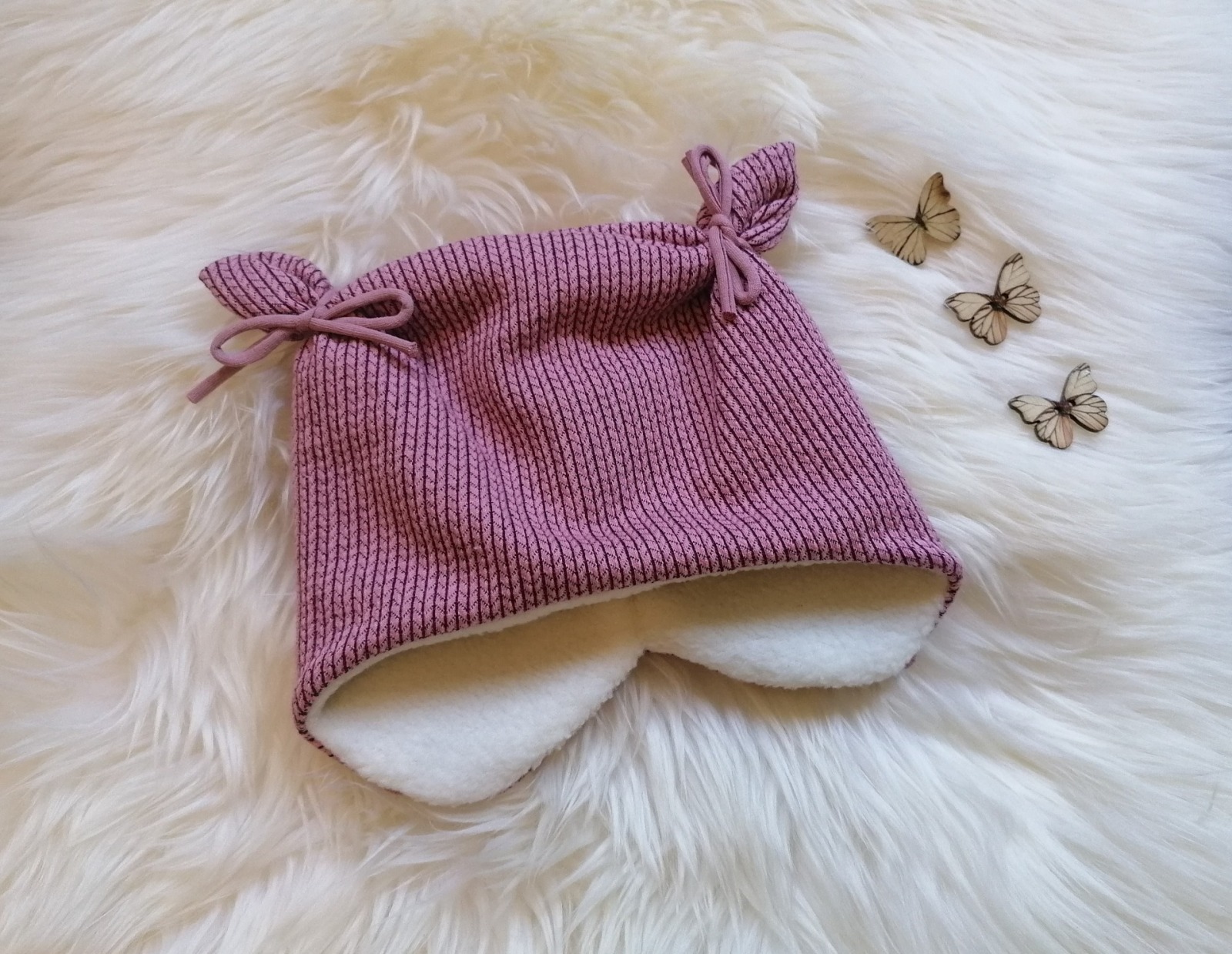 Baby Kind Ohrenmütze mit und ohne Bindebänder Kopfumfang 35 - 52cm Knit Knit Altrosa Babymütze Bindemütze Mütze mit Ohren