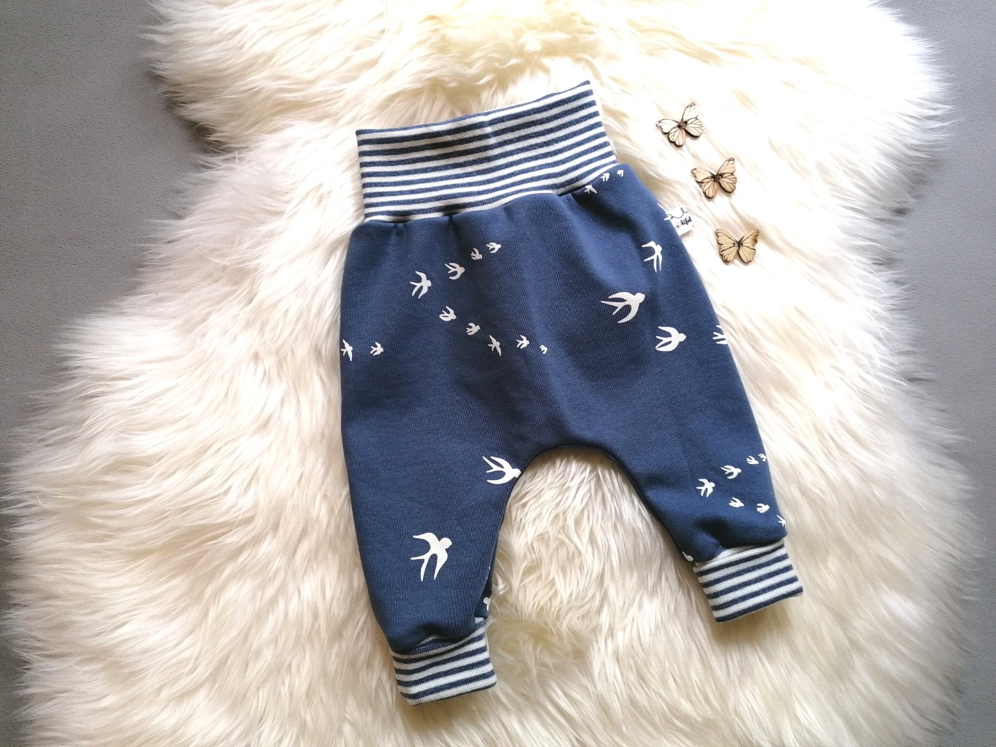 Baggypants Pumphose Mitwachshose Baby Kind Schwalben jeansblau in Wunschgröße 44 bis 92