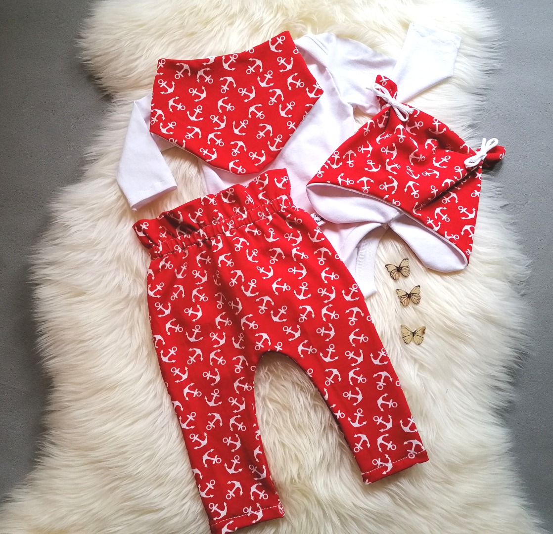 Babyset 4-teilig Paperback Hose Halstuch Stirnband Shirt mit amerikanischem Ausschnitt Langarm oder Kurzarm Anker rot Größe 50 bis 80